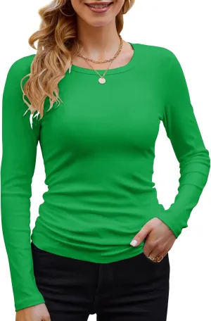 GEMBERA Womens Ribbed Long Sleeve Crewneck Casual Slim Basic Shirts Fitted Knit Tops