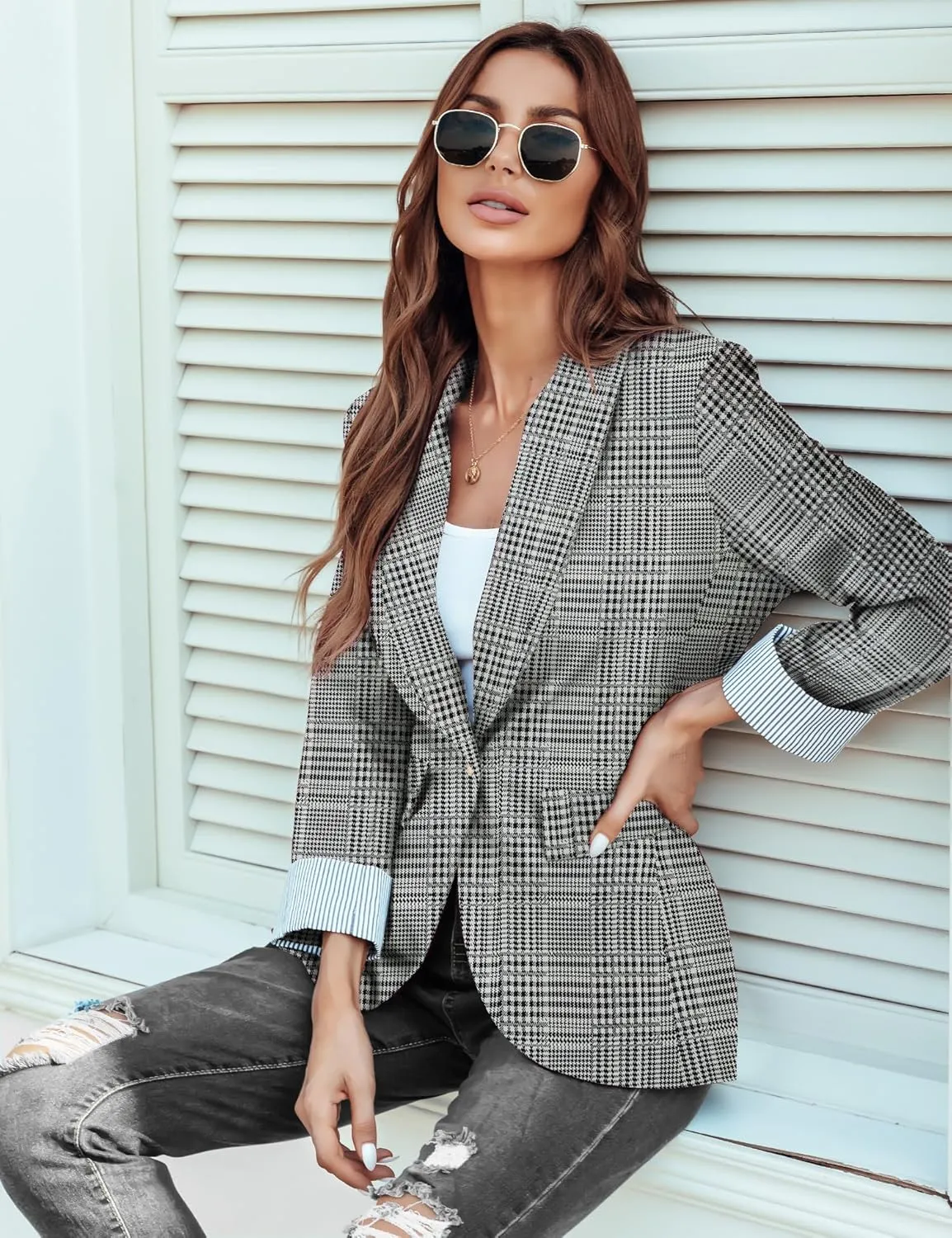 Genhoo Blazer Jackets for Women Open Front Long Sleeve Work Office Casual Blazers with Pockets S-2XL