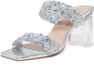 GENSHUO High Chunky Heels for Women Fashion Comfort Slip on Square Open Toe Block Heel Sandals Two Strap Backless Mules