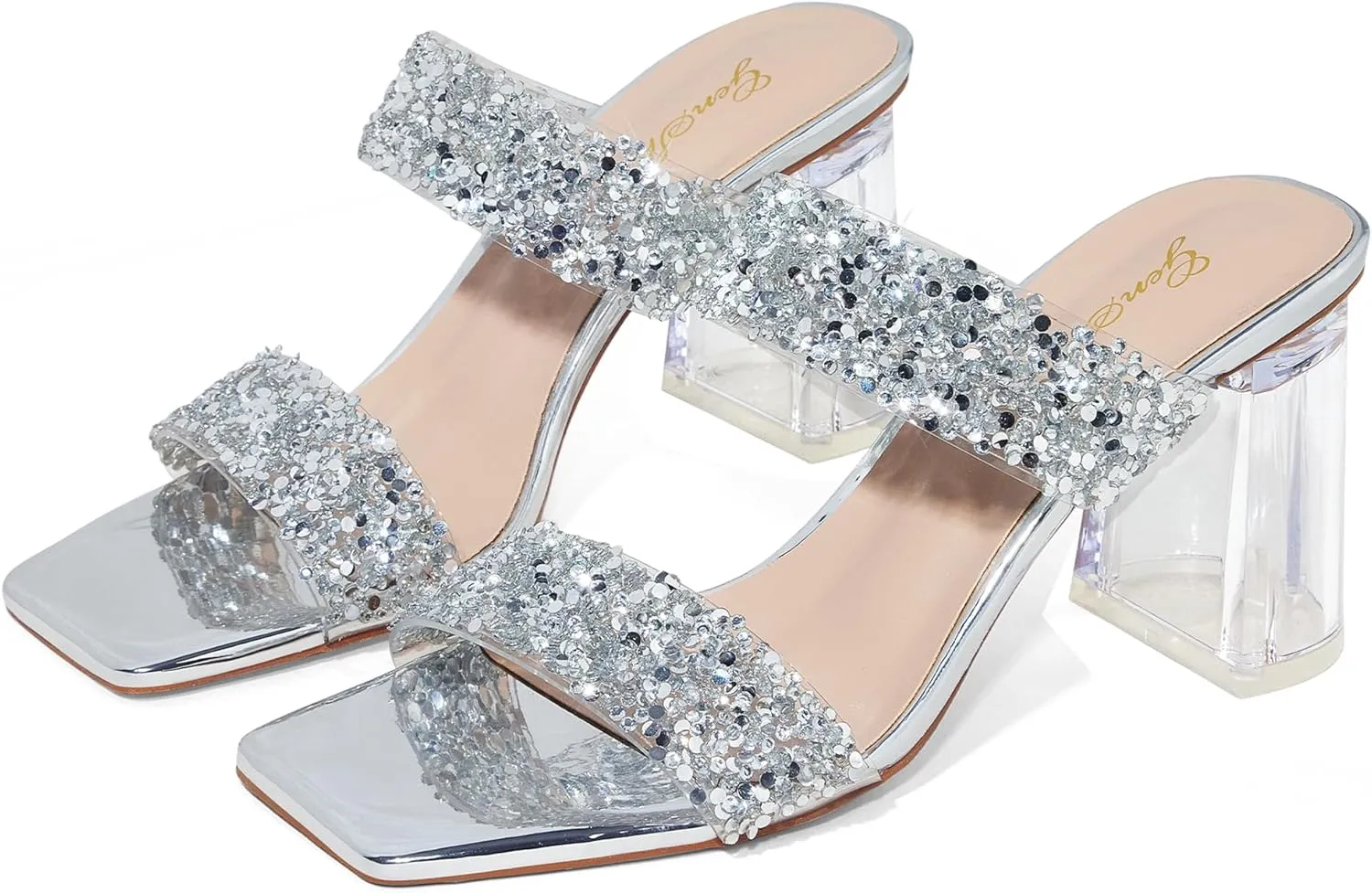 GENSHUO High Chunky Heels for Women Fashion Comfort Slip on Square Open Toe Block Heel Sandals Two Strap Backless Mules