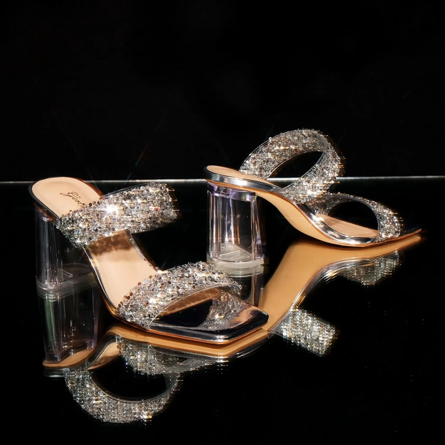 GENSHUO High Chunky Heels for Women Fashion Comfort Slip on Square Open Toe Block Heel Sandals Two Strap Backless Mules