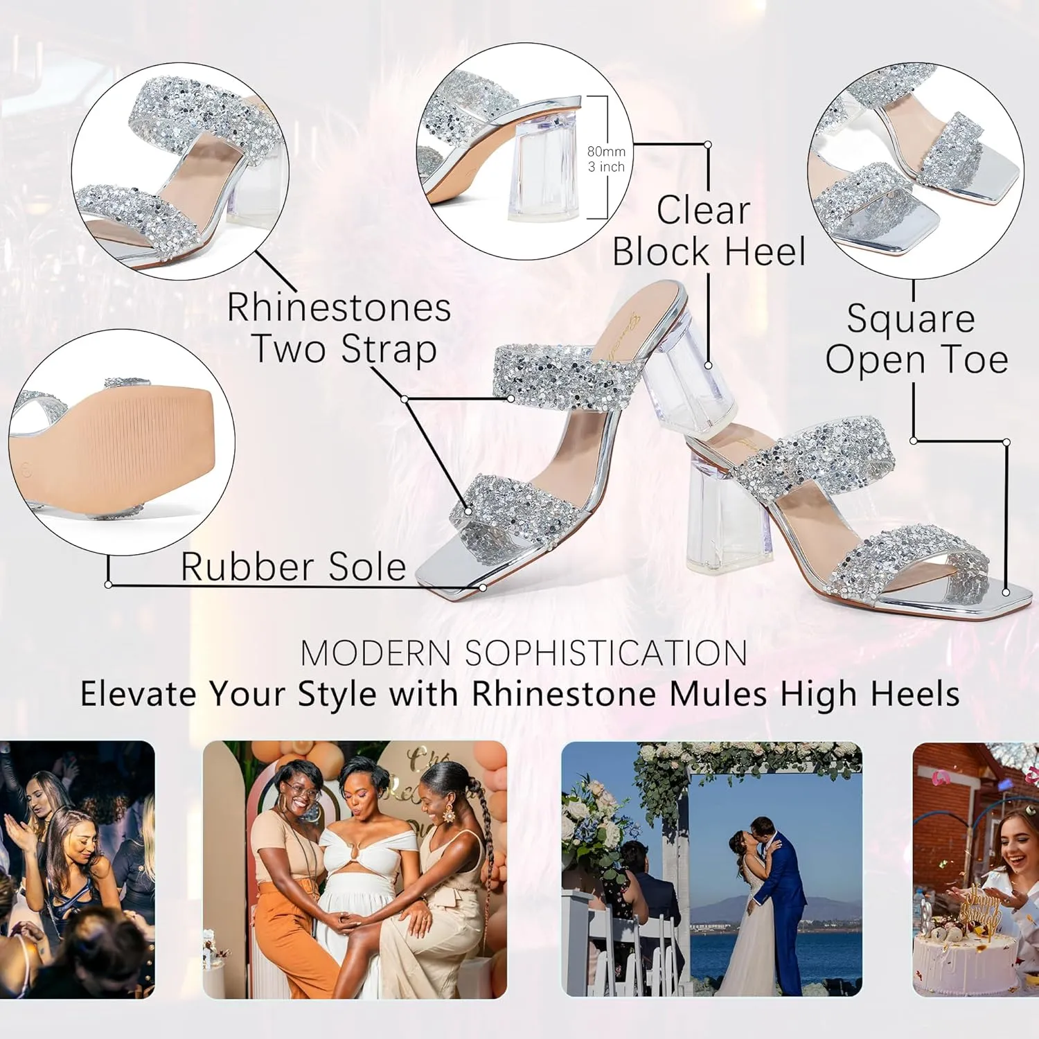 GENSHUO High Chunky Heels for Women Fashion Comfort Slip on Square Open Toe Block Heel Sandals Two Strap Backless Mules
