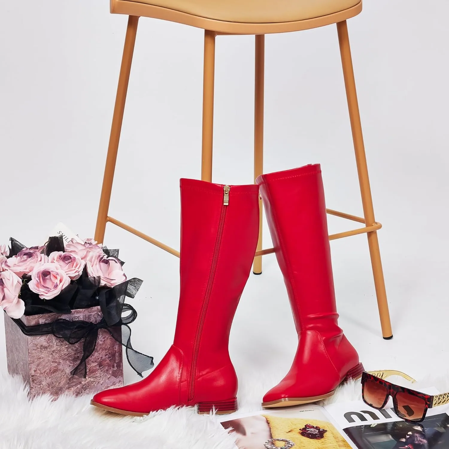 GENSHUO Knee High Boots for Women Comfy Flat Heel Vintage Square Toe Fall Winter Solid Side Zipper Costume Knight Booties