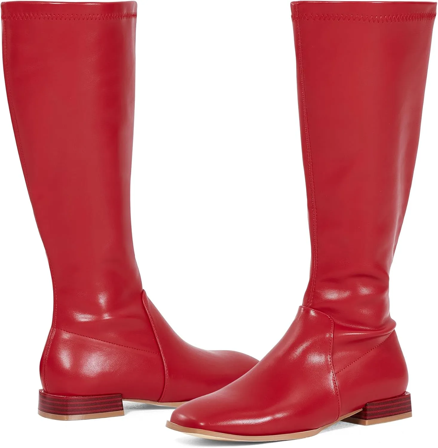 GENSHUO Knee High Boots for Women Comfy Flat Heel Vintage Square Toe Fall Winter Solid Side Zipper Costume Knight Booties