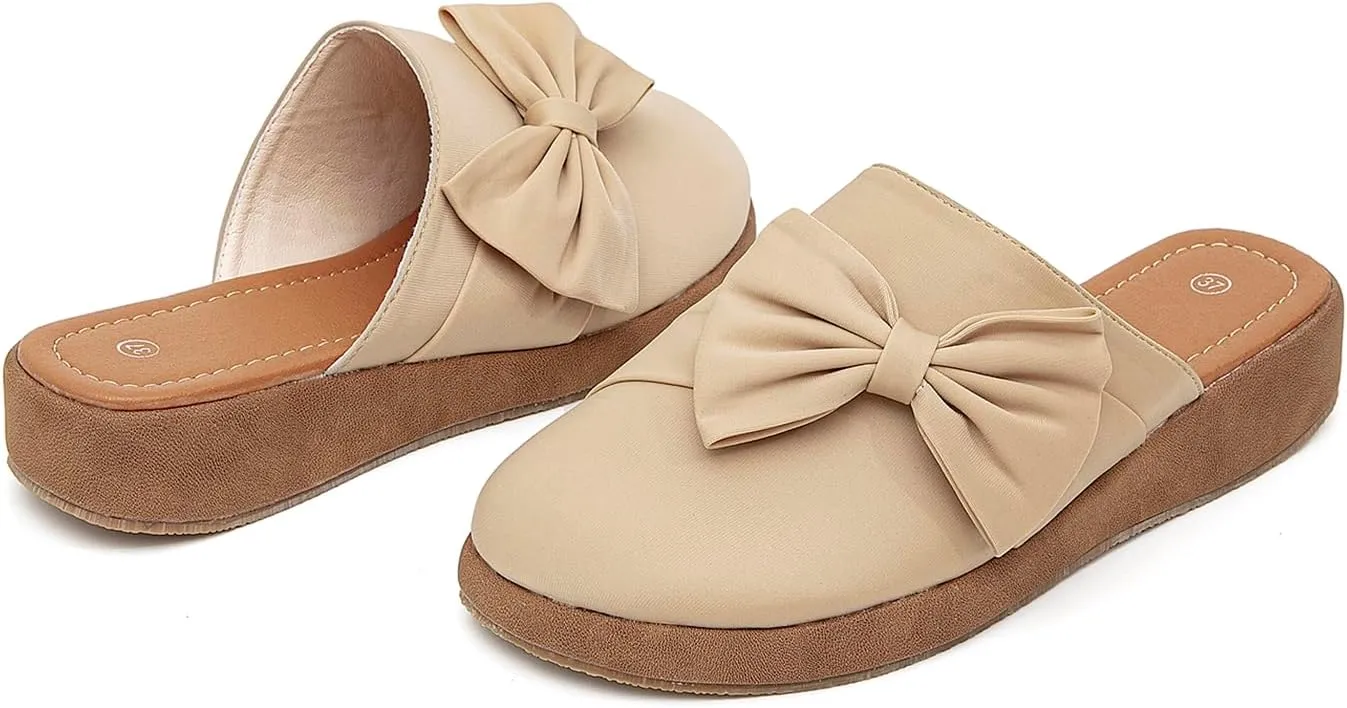 getmorebeauty Women's Cute Bow Mules Platform Clogs Closed Toe Slip-on Wedge Slides Sandals Summer Shoes
