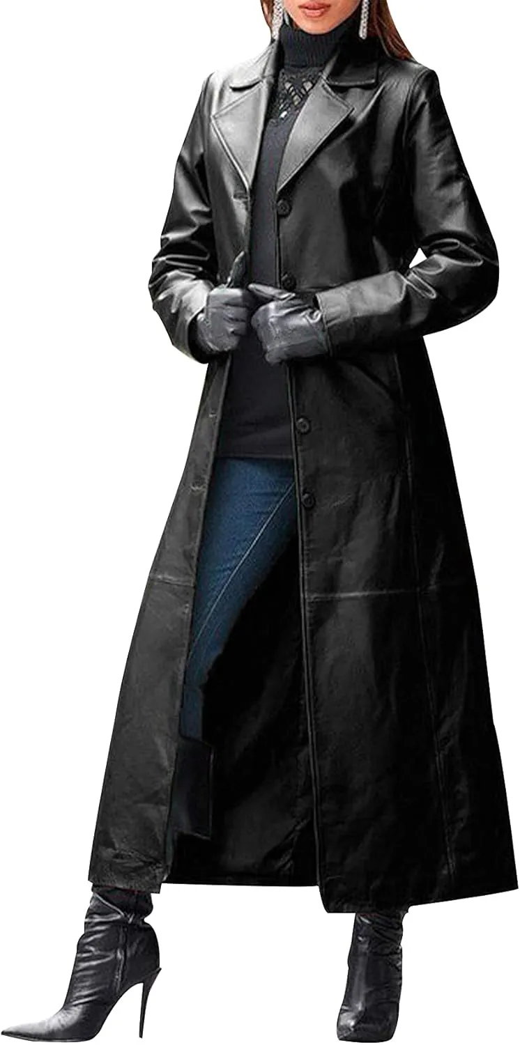 Gihuo Women' s PU Faux Leather Jacket Maxi Long Lapel Coat Outwear