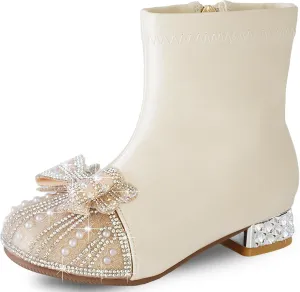Girls Boots Little Kids Glitter Boots Mid Calf Cowgirl Shoes Toddler Cowboy Riding Boots Kid Champagne Dress Boots Pearl rhinestones Shoes
