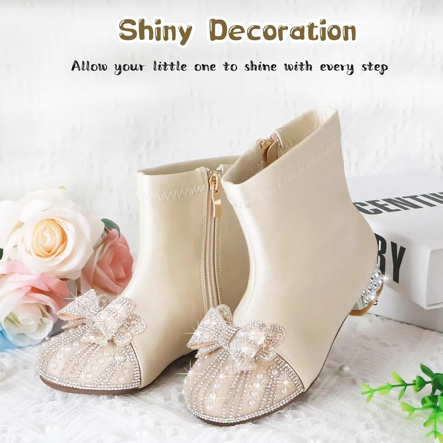 Girls Boots Little Kids Glitter Boots Mid Calf Cowgirl Shoes Toddler Cowboy Riding Boots Kid Champagne Dress Boots Pearl rhinestones Shoes