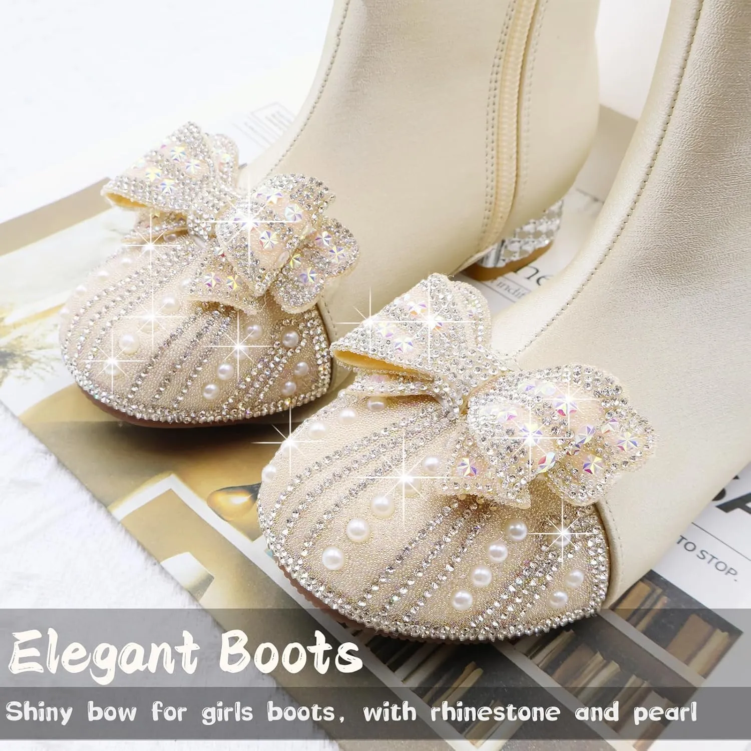 Girls Boots Little Kids Glitter Boots Mid Calf Cowgirl Shoes Toddler Cowboy Riding Boots Kid Champagne Dress Boots Pearl rhinestones Shoes