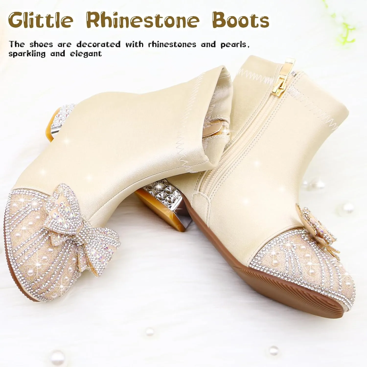 Girls Boots Little Kids Glitter Boots Mid Calf Cowgirl Shoes Toddler Cowboy Riding Boots Kid Champagne Dress Boots Pearl rhinestones Shoes