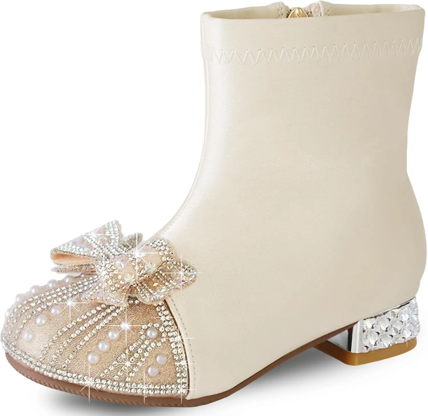 Girls Boots Little Kids Glitter Boots Mid Calf Cowgirl Shoes Toddler Cowboy Riding Boots Kid Champagne Dress Boots Pearl rhinestones Shoes