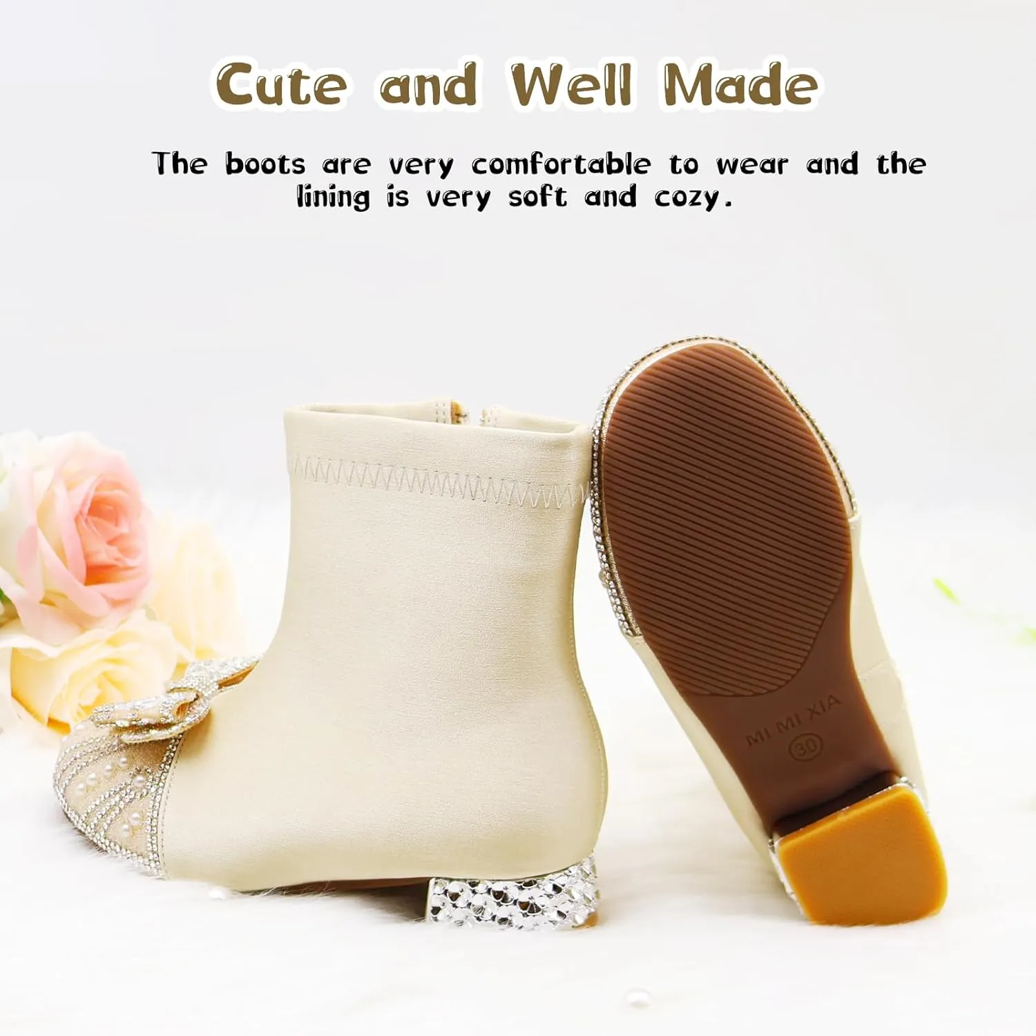 Girls Boots Little Kids Glitter Boots Mid Calf Cowgirl Shoes Toddler Cowboy Riding Boots Kid Champagne Dress Boots Pearl rhinestones Shoes