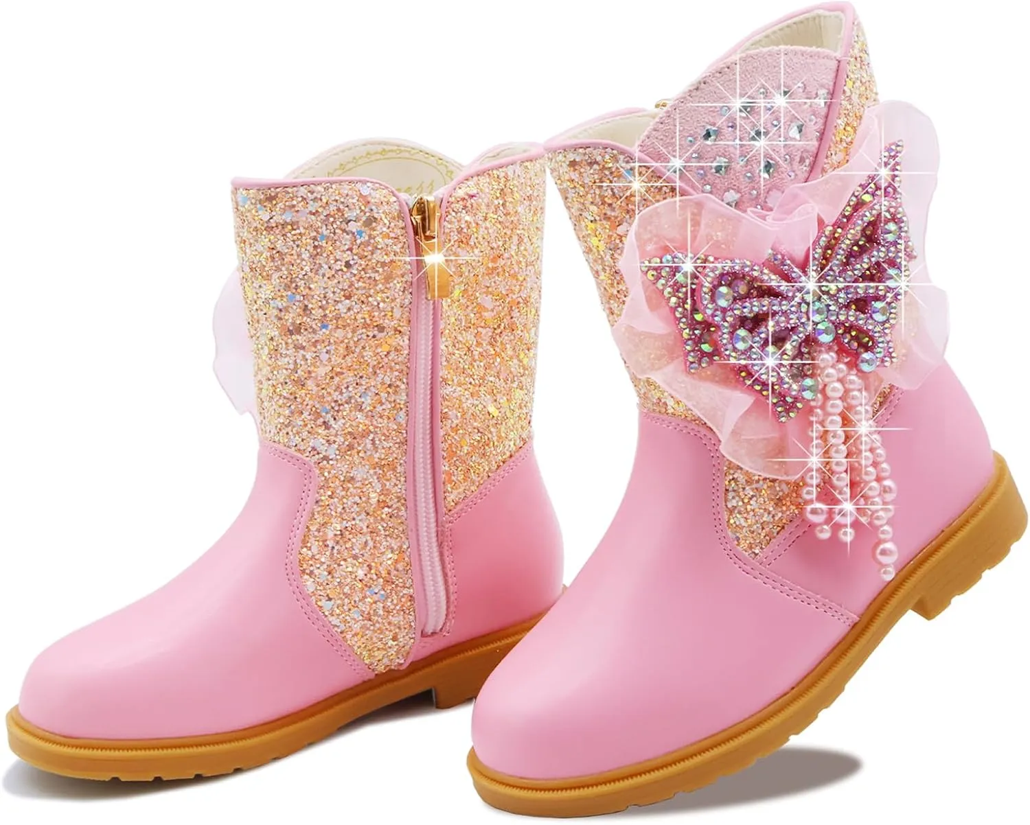 Girls Cowgirl Boots Little Kids Western Boots Mid Calf Toddler Riding Shoes Glitter Boots