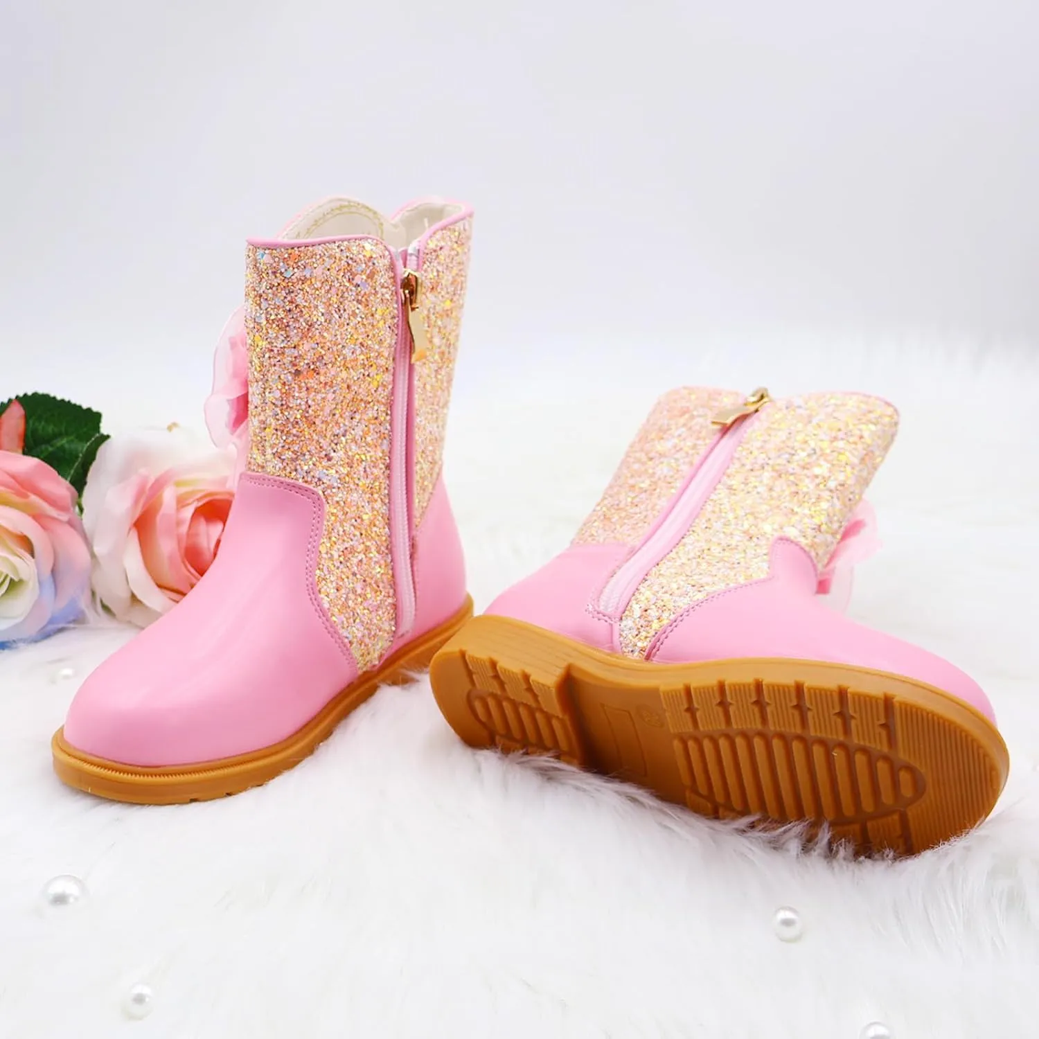 Girls Cowgirl Boots Little Kids Western Boots Mid Calf Toddler Riding Shoes Glitter Boots