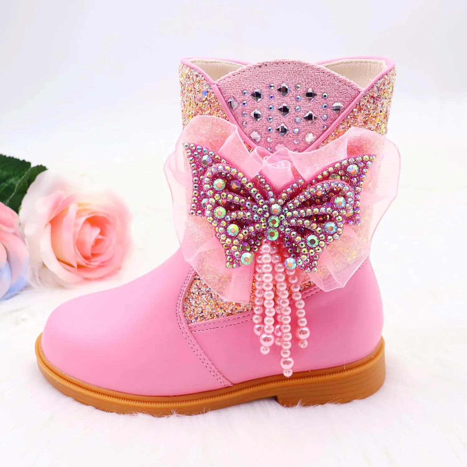 Girls Cowgirl Boots Little Kids Western Boots Mid Calf Toddler Riding Shoes Glitter Boots