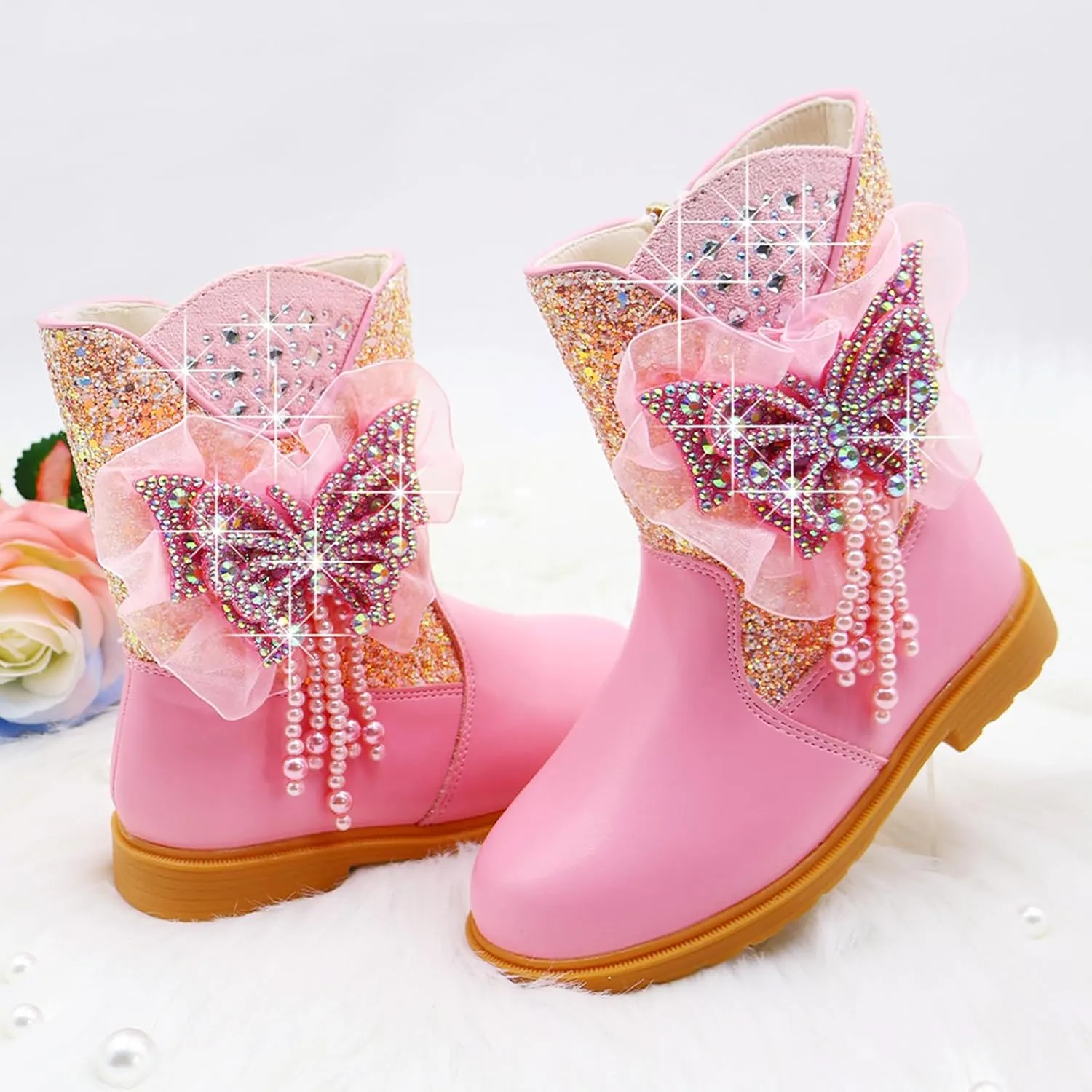 Girls Cowgirl Boots Little Kids Western Boots Mid Calf Toddler Riding Shoes Glitter Boots