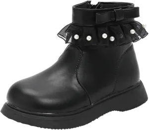 Girls Fashion Short Dress Boot with Lace Pearl Decoration Solid Soft Sole Classic Non Slip Girls Dress Shoes Size 4