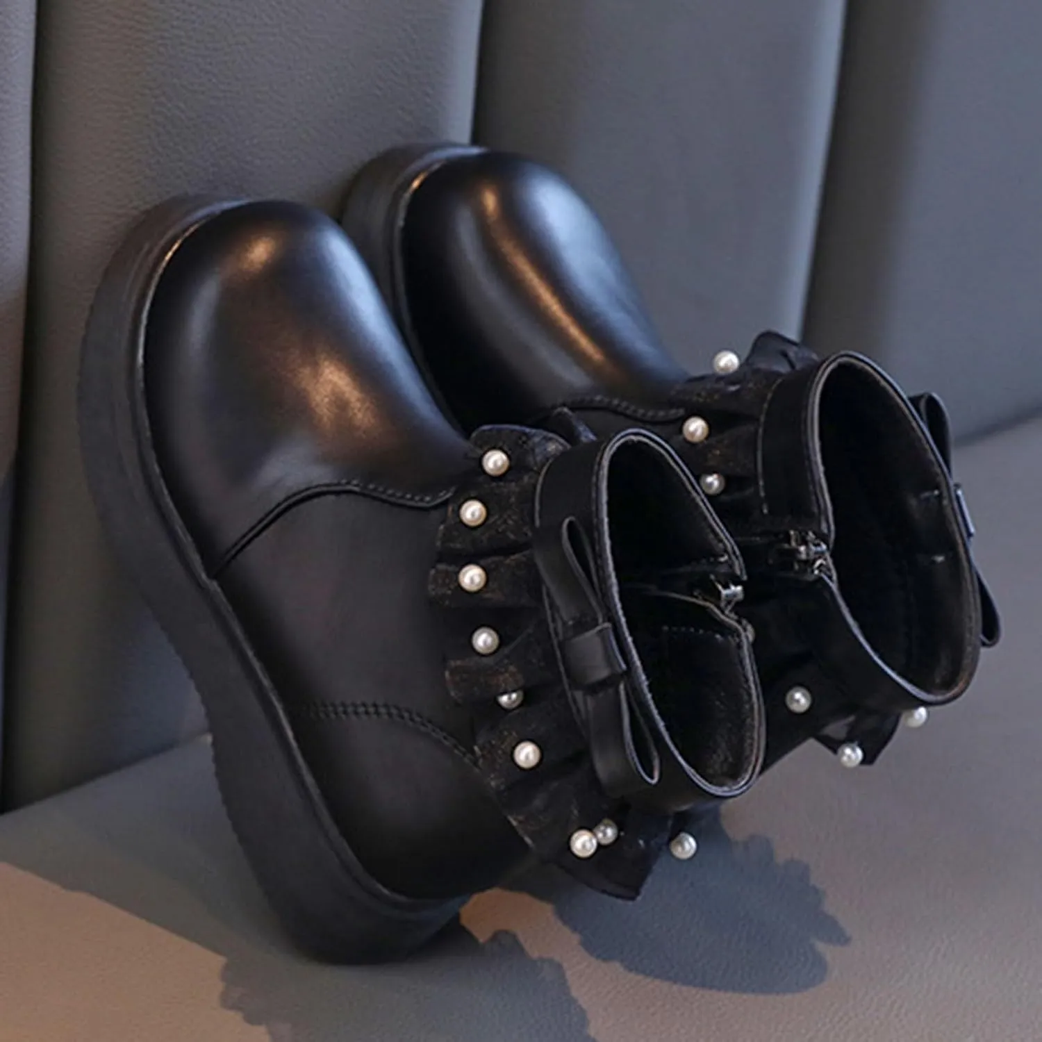 Girls Fashion Short Dress Boot with Lace Pearl Decoration Solid Soft Sole Classic Non Slip Girls Dress Shoes Size 4