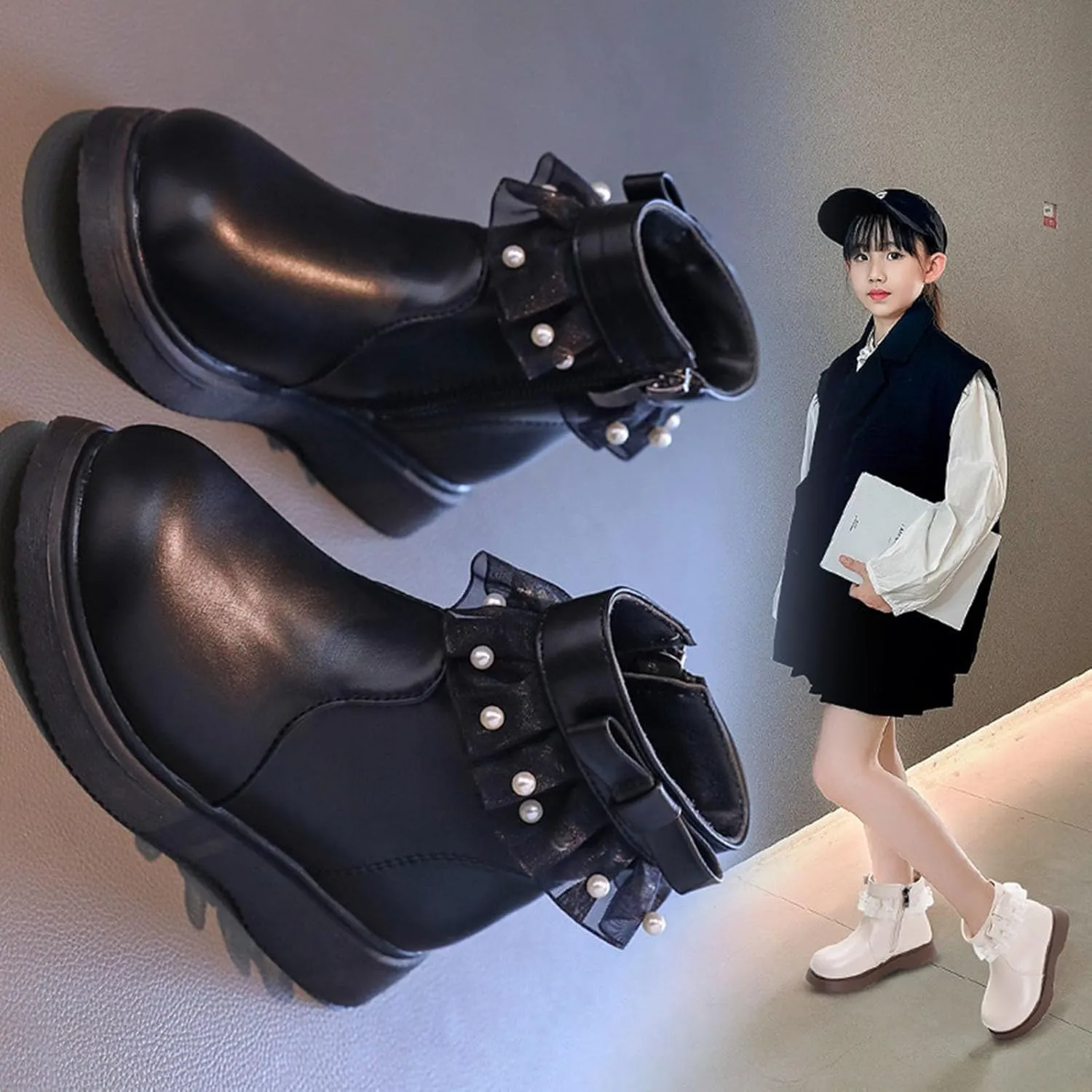 Girls Fashion Short Dress Boot with Lace Pearl Decoration Solid Soft Sole Classic Non Slip Girls Dress Shoes Size 4