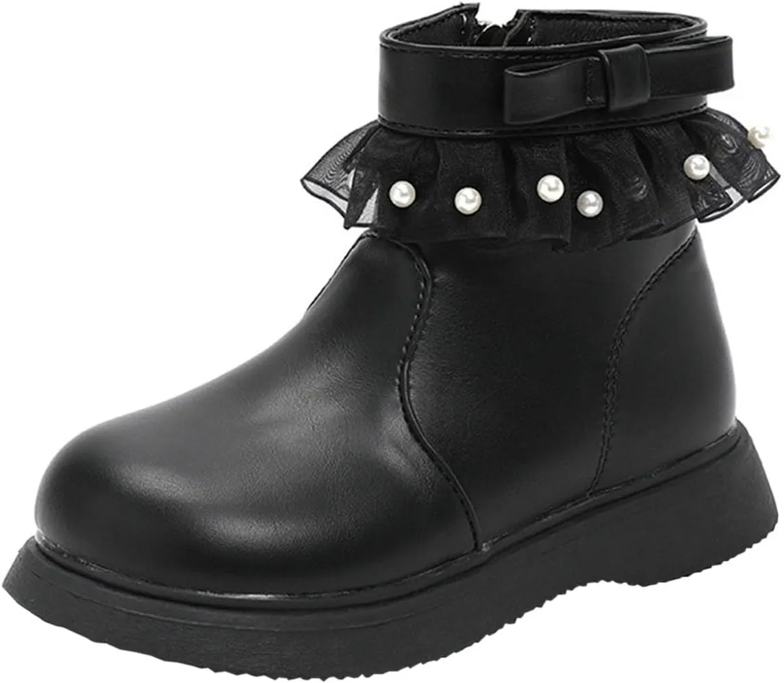 Girls Fashion Short Dress Boot with Lace Pearl Decoration Solid Soft Sole Classic Non Slip Girls Dress Shoes Size 4