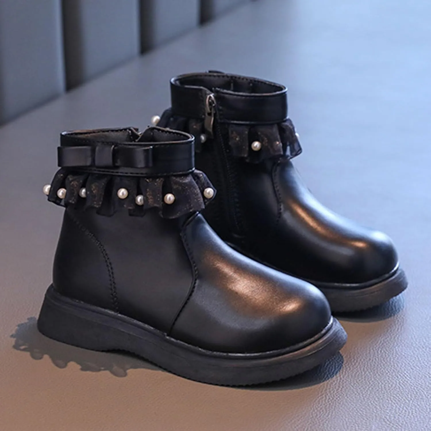 Girls Fashion Short Dress Boot with Lace Pearl Decoration Solid Soft Sole Classic Non Slip Girls Dress Shoes Size 4