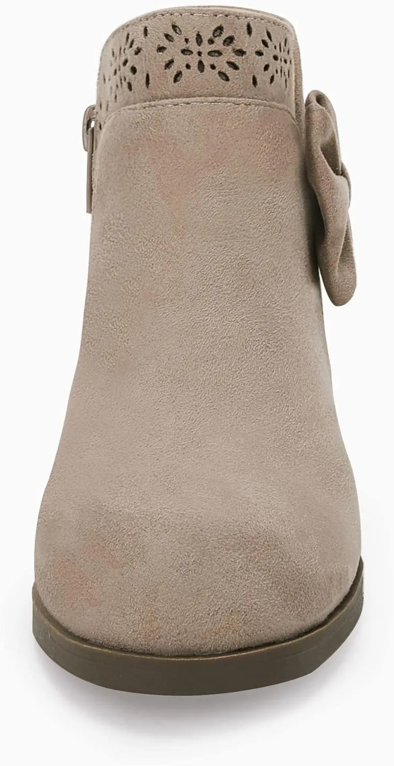 Girls Kids Bow Knot Ankle Boots Faux Suede V Cutout Low Stacked Heel Side Zipper Chelsea Shoes