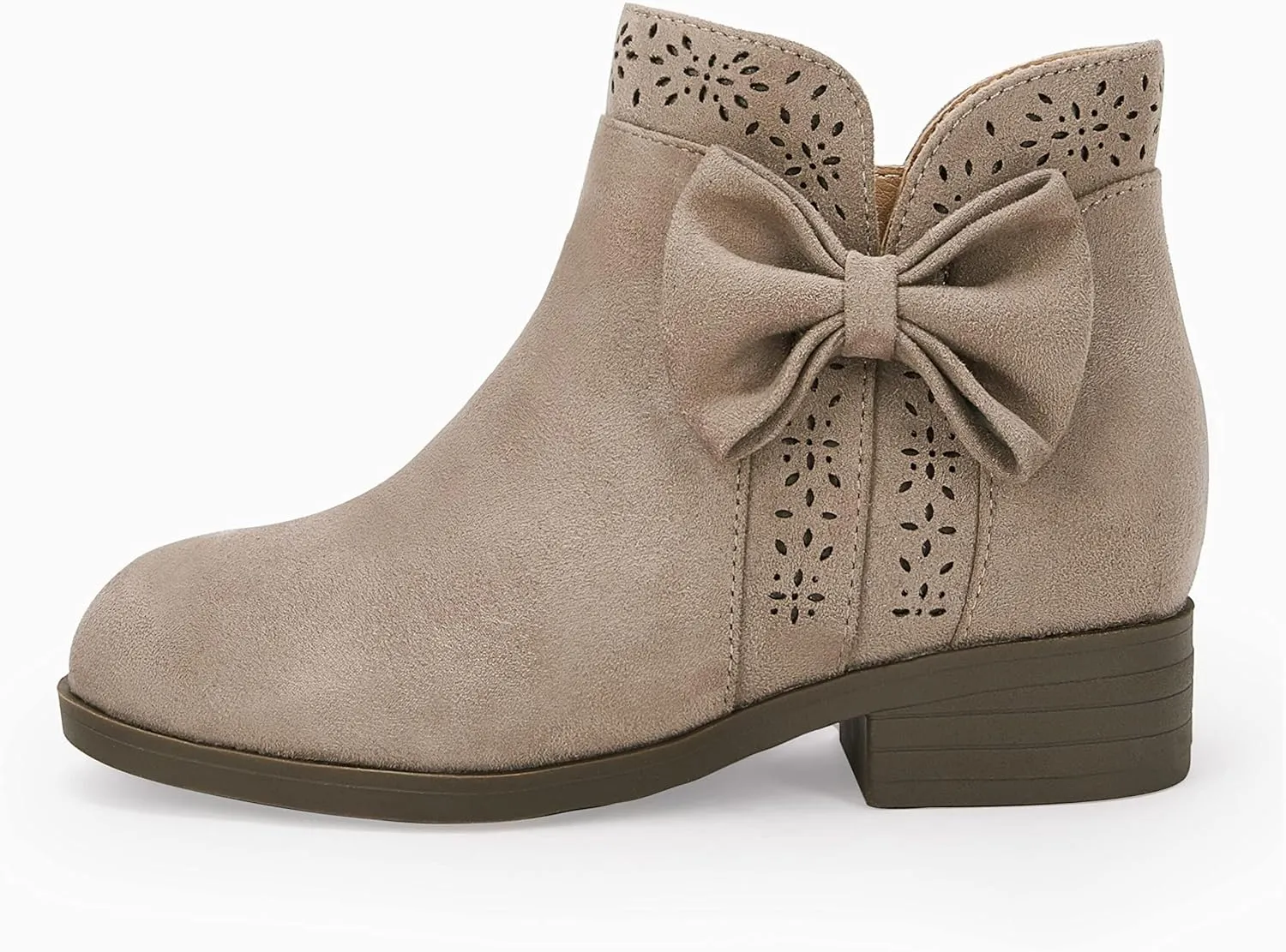 Girls Kids Bow Knot Ankle Boots Faux Suede V Cutout Low Stacked Heel Side Zipper Chelsea Shoes