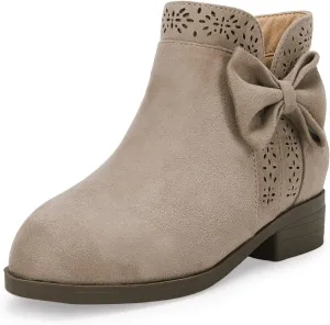 Girls Kids Bow Knot Ankle Boots Faux Suede V Cutout Low Stacked Heel Side Zipper Chelsea Shoes