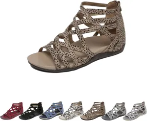 Gladiator Sandals for Women Cross Strappy Flat Sandals Womens Comfort Wedge Slide Sandals Open Toe Low Heel Non-Slip Roman Shoes Zipper