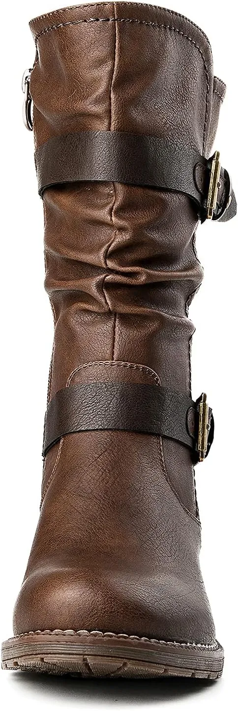 GLOBALWIN Women's Mid Calf Comfortable Fashion Dress Boots For Women Low Heel With Zipper