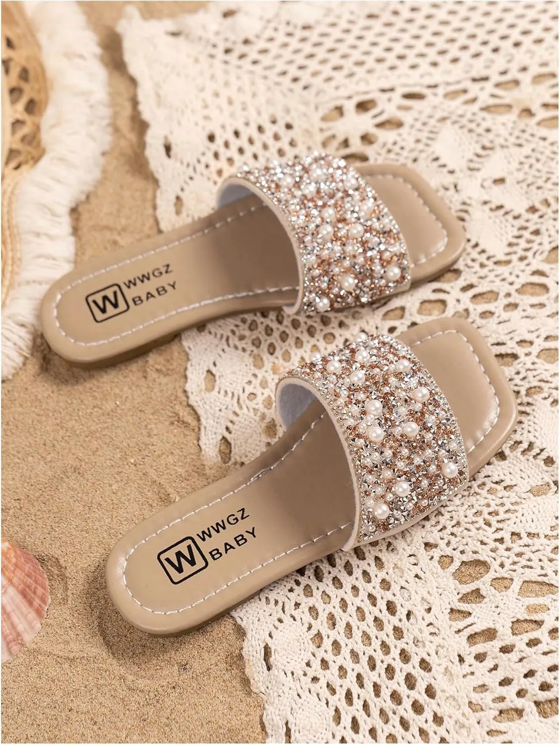 GORGLITTER Girl's Pearls Dress Flat Sandals Glitter Rhinestone Summer Open Toe Teens Slides