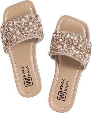 GORGLITTER Girl's Pearls Dress Flat Sandals Glitter Rhinestone Summer Open Toe Teens Slides