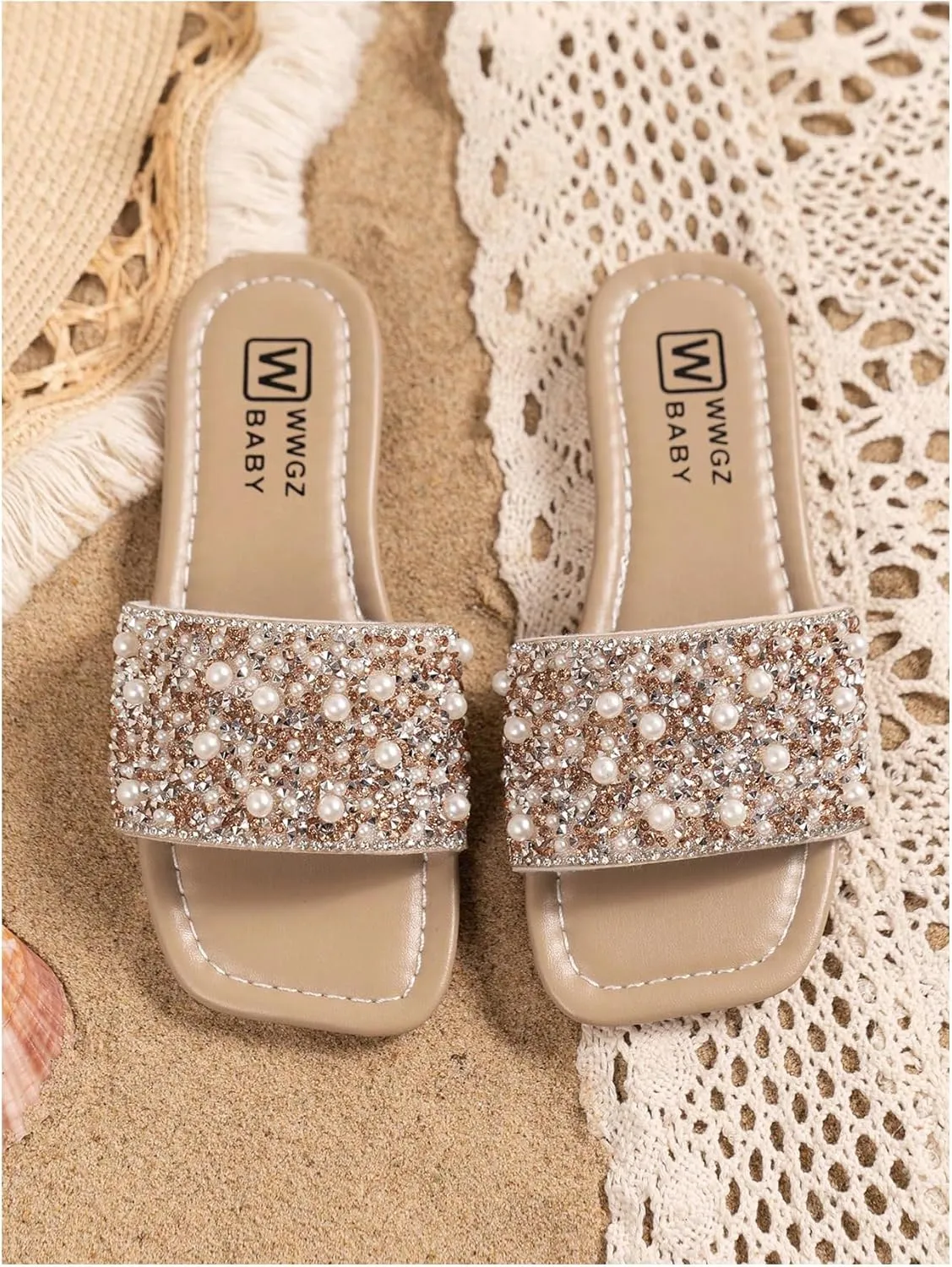 GORGLITTER Girl's Pearls Dress Flat Sandals Glitter Rhinestone Summer Open Toe Teens Slides