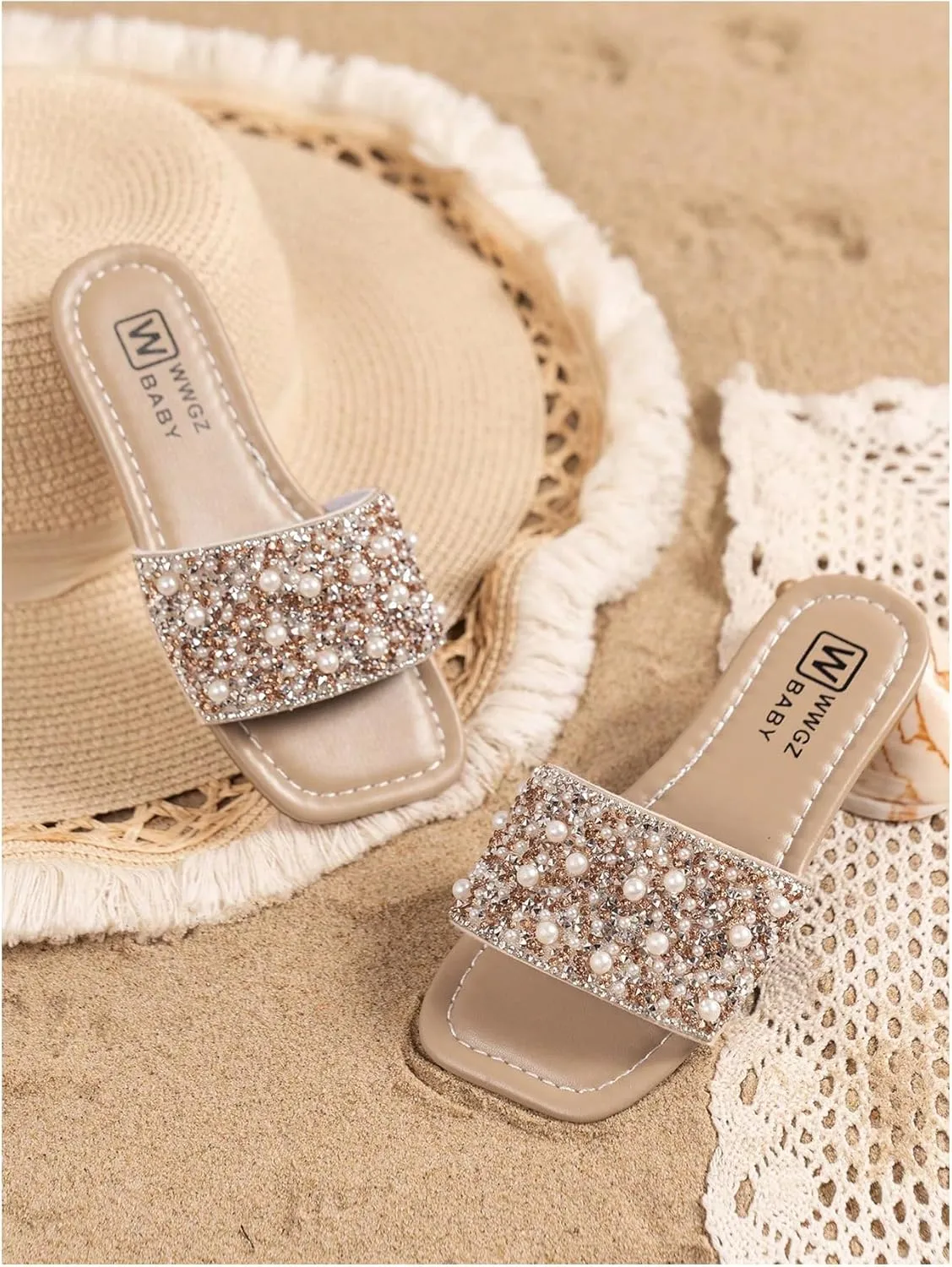 GORGLITTER Girl's Pearls Dress Flat Sandals Glitter Rhinestone Summer Open Toe Teens Slides