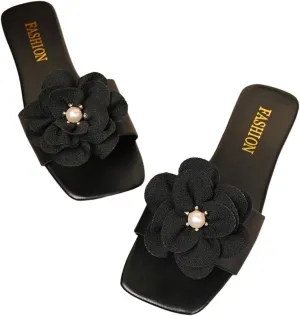 GORGLITTER Women's 3D Flower Flat Floral Leather Sandals Dress Summer Slide Sandal