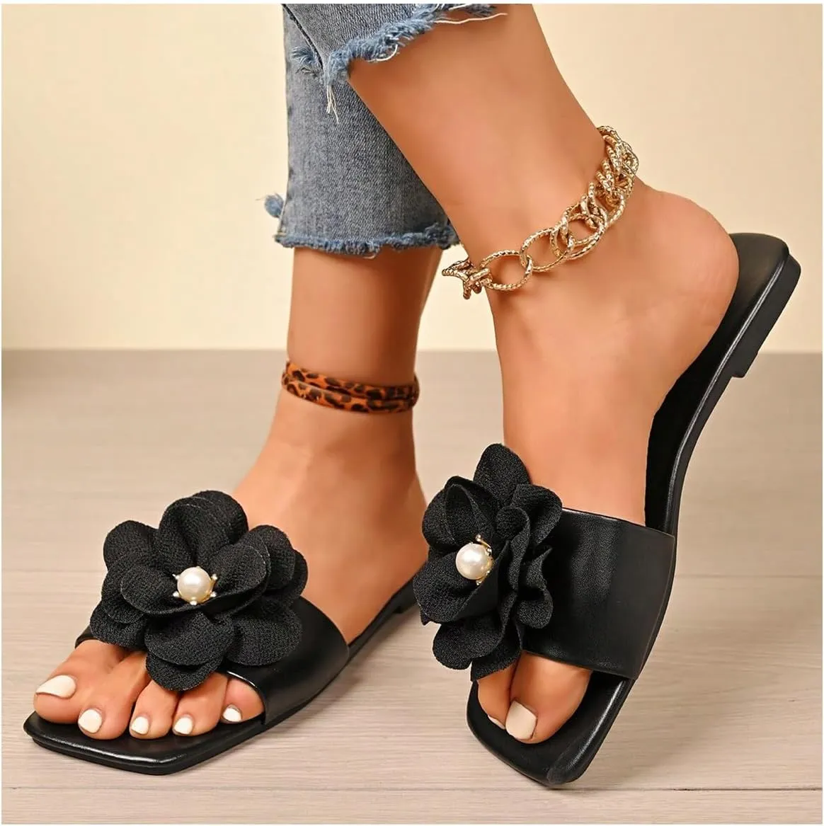 GORGLITTER Women's 3D Flower Flat Floral Leather Sandals Dress Summer Slide Sandal