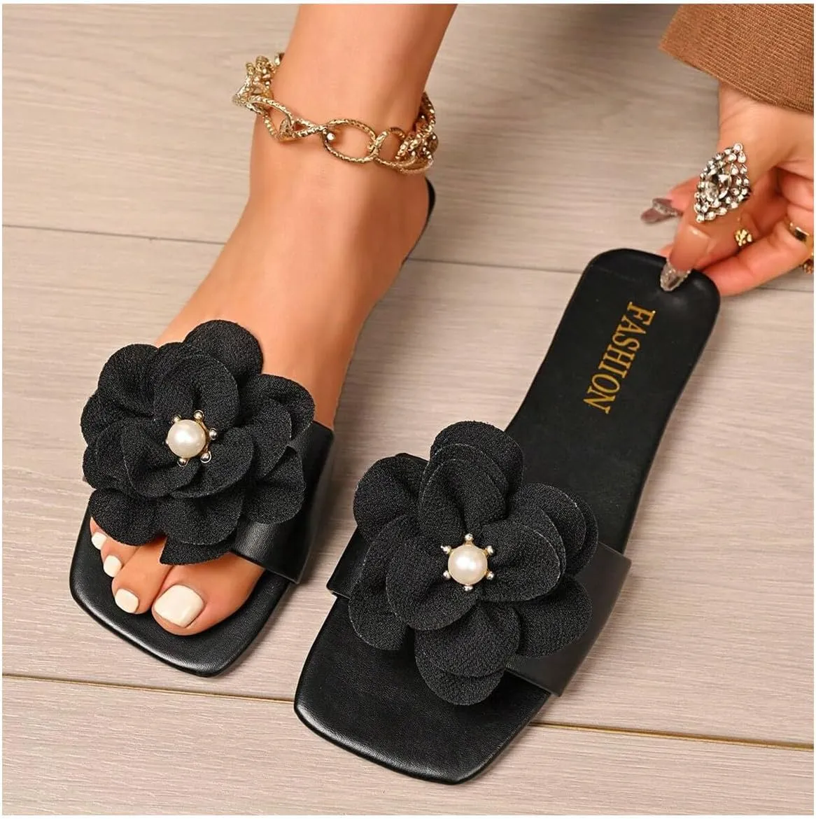 GORGLITTER Women's 3D Flower Flat Floral Leather Sandals Dress Summer Slide Sandal