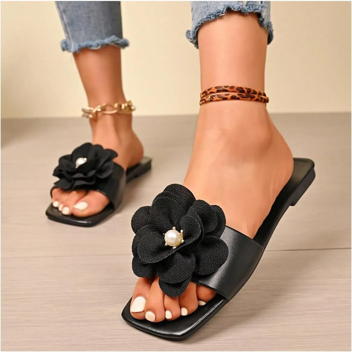 GORGLITTER Women's 3D Flower Flat Floral Leather Sandals Dress Summer Slide Sandal