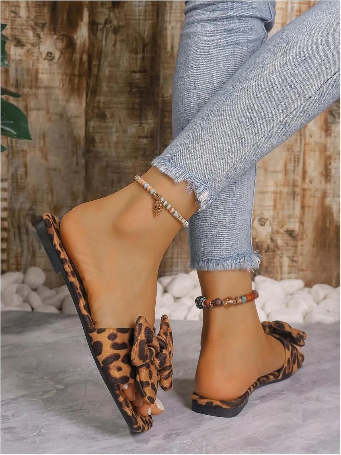 GORGLITTER Women's Bow Cute Trendy Sandals 2025 Graphic Print Dressy Open Square Toe Summer Slide Flat Sandals