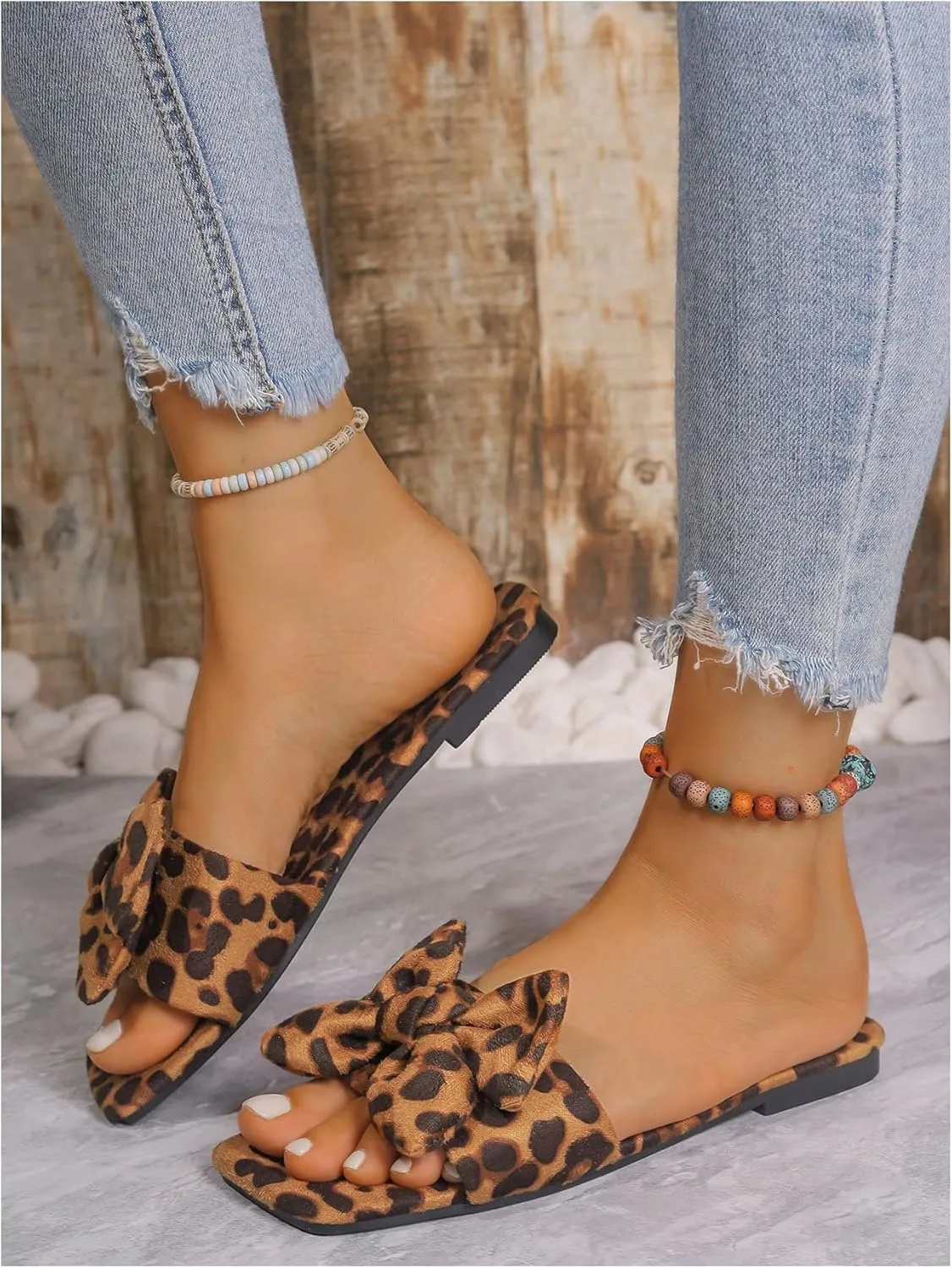 GORGLITTER Women's Bow Cute Trendy Sandals 2025 Graphic Print Dressy Open Square Toe Summer Slide Flat Sandals