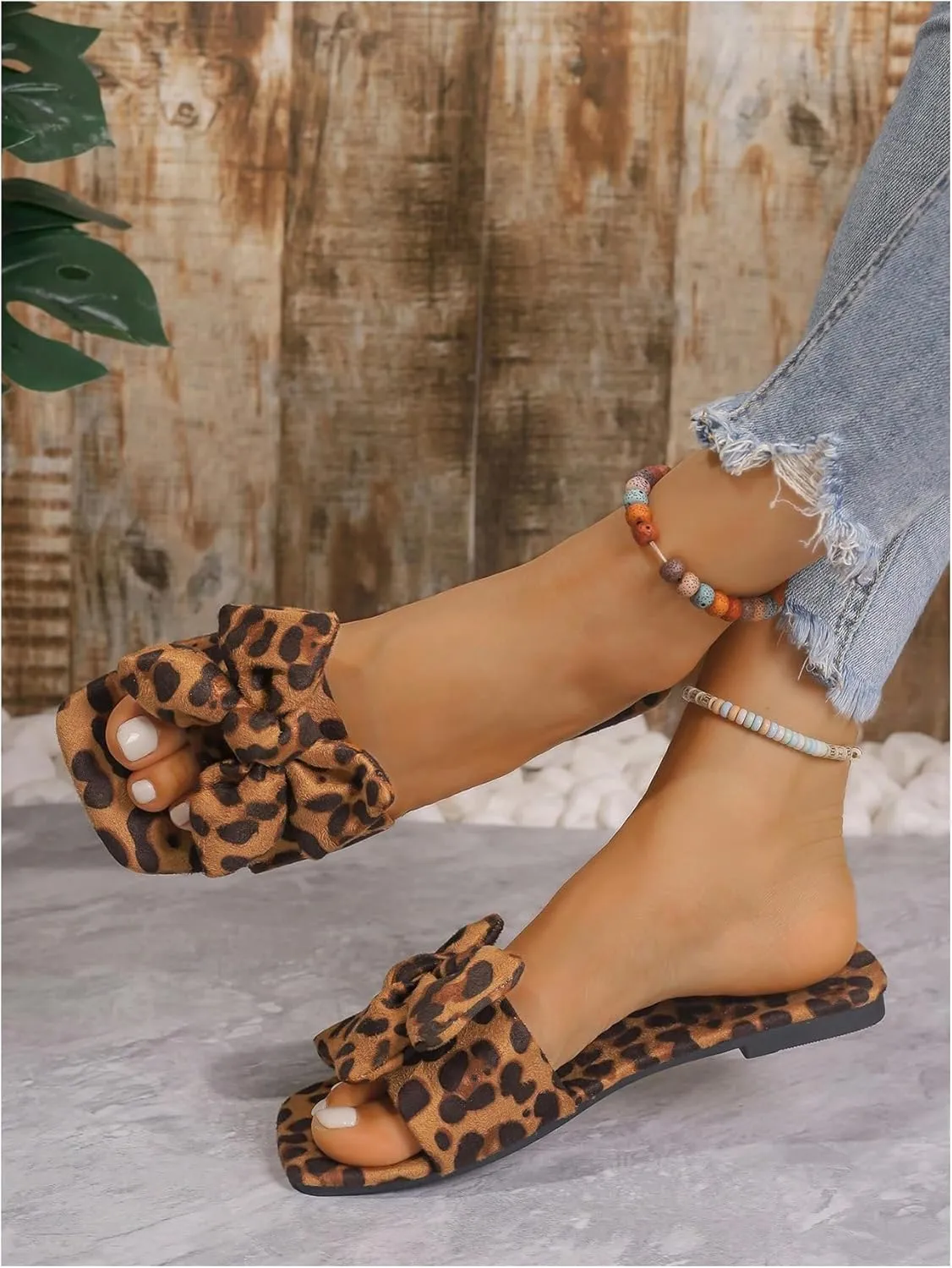 GORGLITTER Women's Bow Cute Trendy Sandals 2025 Graphic Print Dressy Open Square Toe Summer Slide Flat Sandals