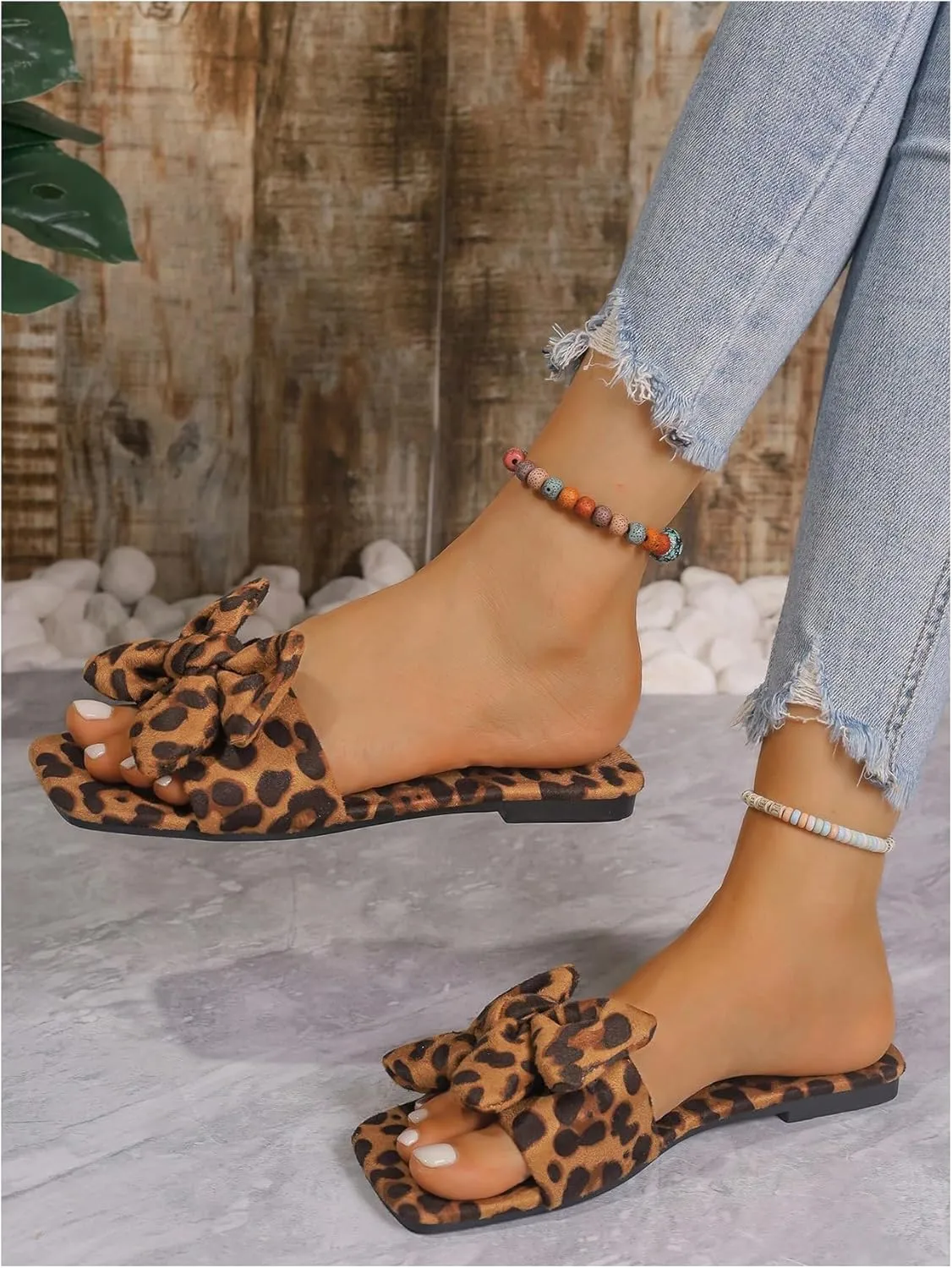 GORGLITTER Women's Bow Cute Trendy Sandals 2025 Graphic Print Dressy Open Square Toe Summer Slide Flat Sandals