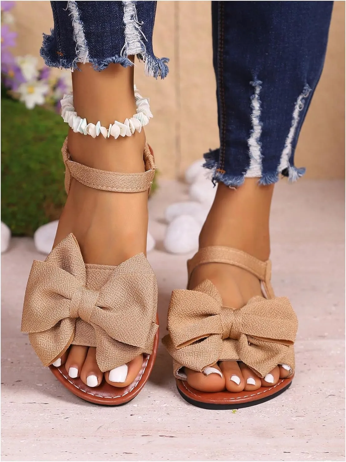 GORGLITTER Women's Bow Flat Sandals 2025 Dressy Open Toe Ankle Strap Summer Vacation Slides Shoes