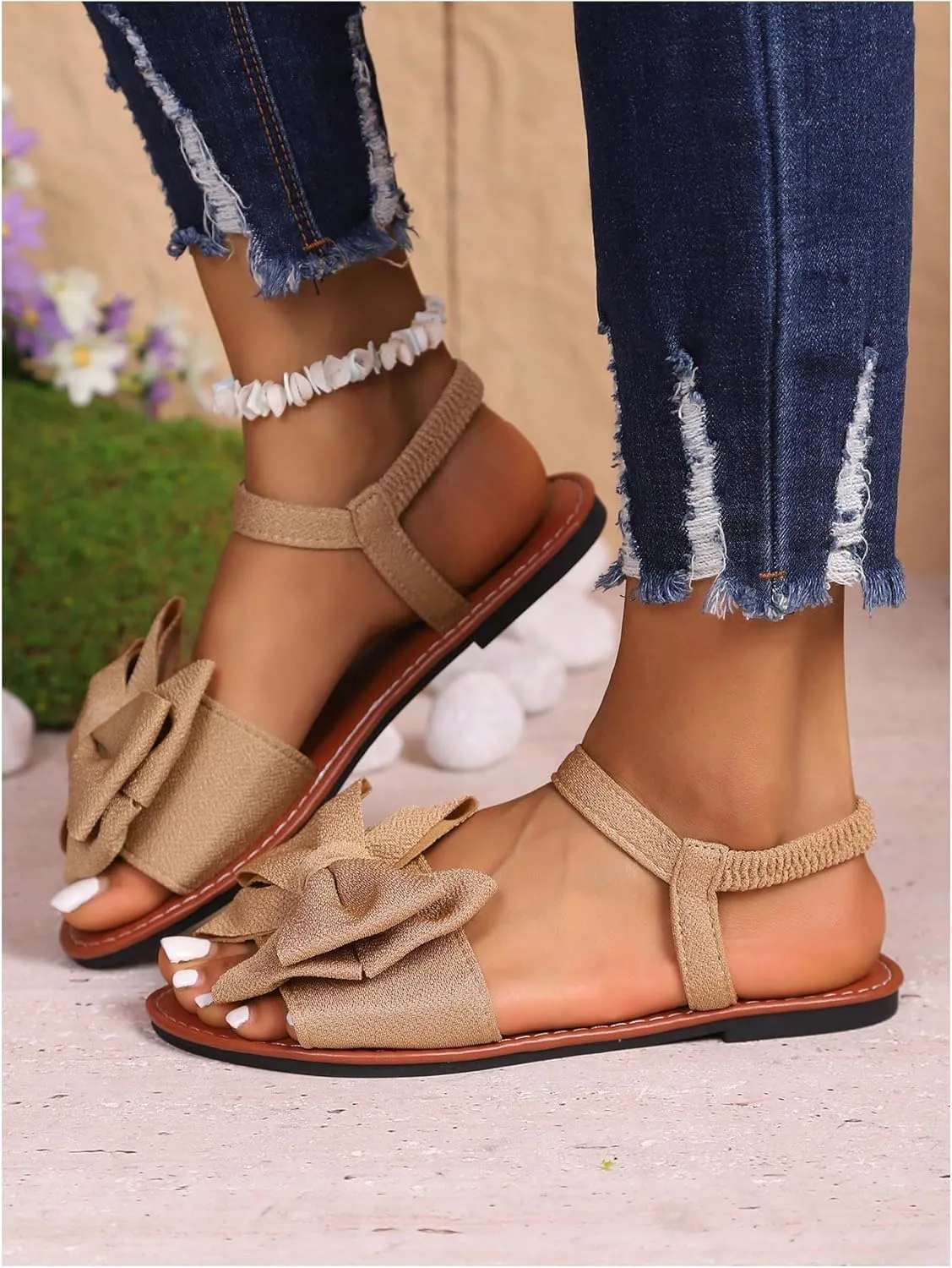 GORGLITTER Women's Bow Flat Sandals 2025 Dressy Open Toe Ankle Strap Summer Vacation Slides Shoes