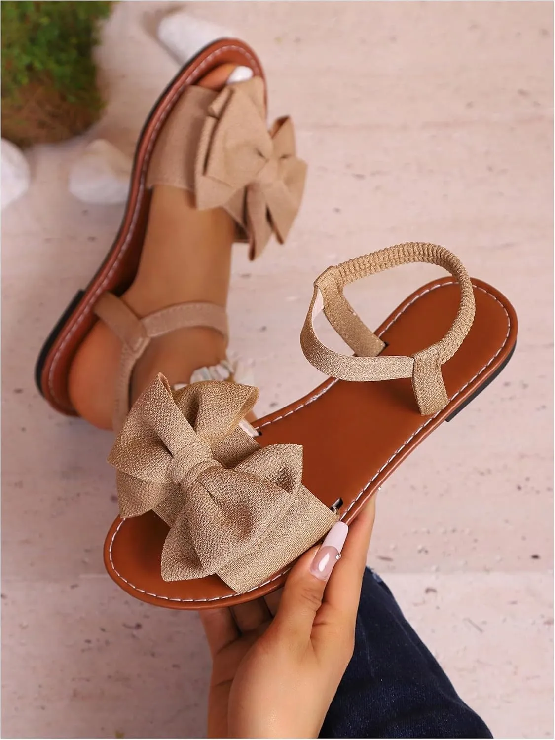 GORGLITTER Women's Bow Flat Sandals 2025 Dressy Open Toe Ankle Strap Summer Vacation Slides Shoes
