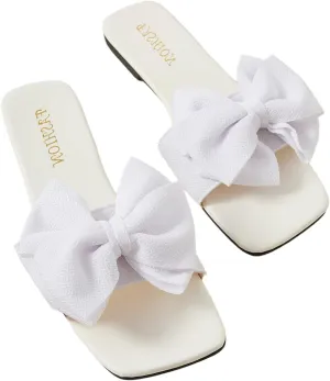 GORGLITTER Women's Bow Flat Sandals White Sandals Open Toe Slip On Slides Shoes White 8