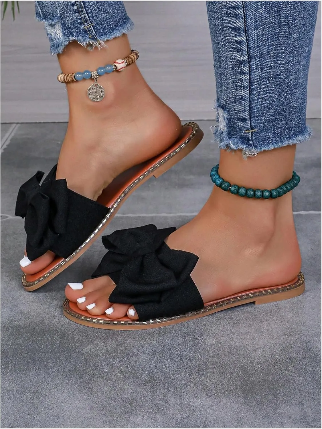 GORGLITTER Women's Bow Sandals Sparkly Flat Sandals Open Toe Slip On Slide Vacation Sandals