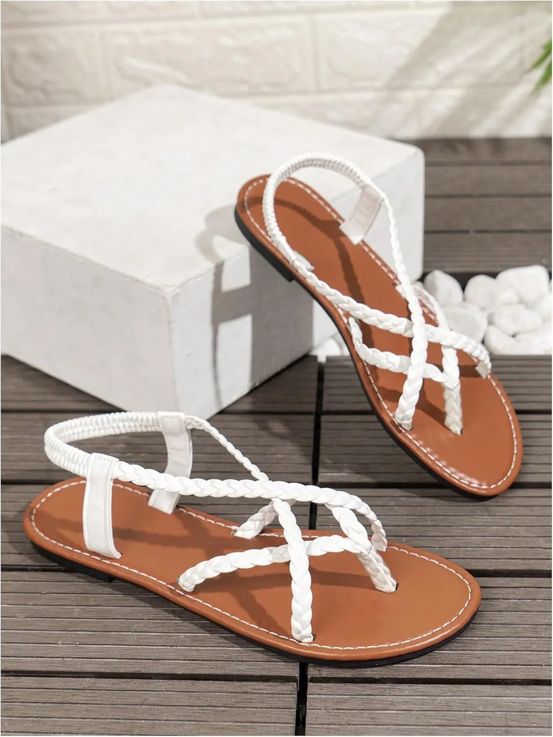 GORGLITTER Women's Braided Detail Flat Sandals Open Toe Thong Sandals Criss Cross Backstrap Elegant Slides