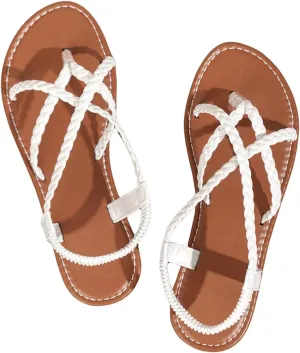 GORGLITTER Women's Braided Detail Flat Sandals Open Toe Thong Sandals Criss Cross Backstrap Elegant Slides