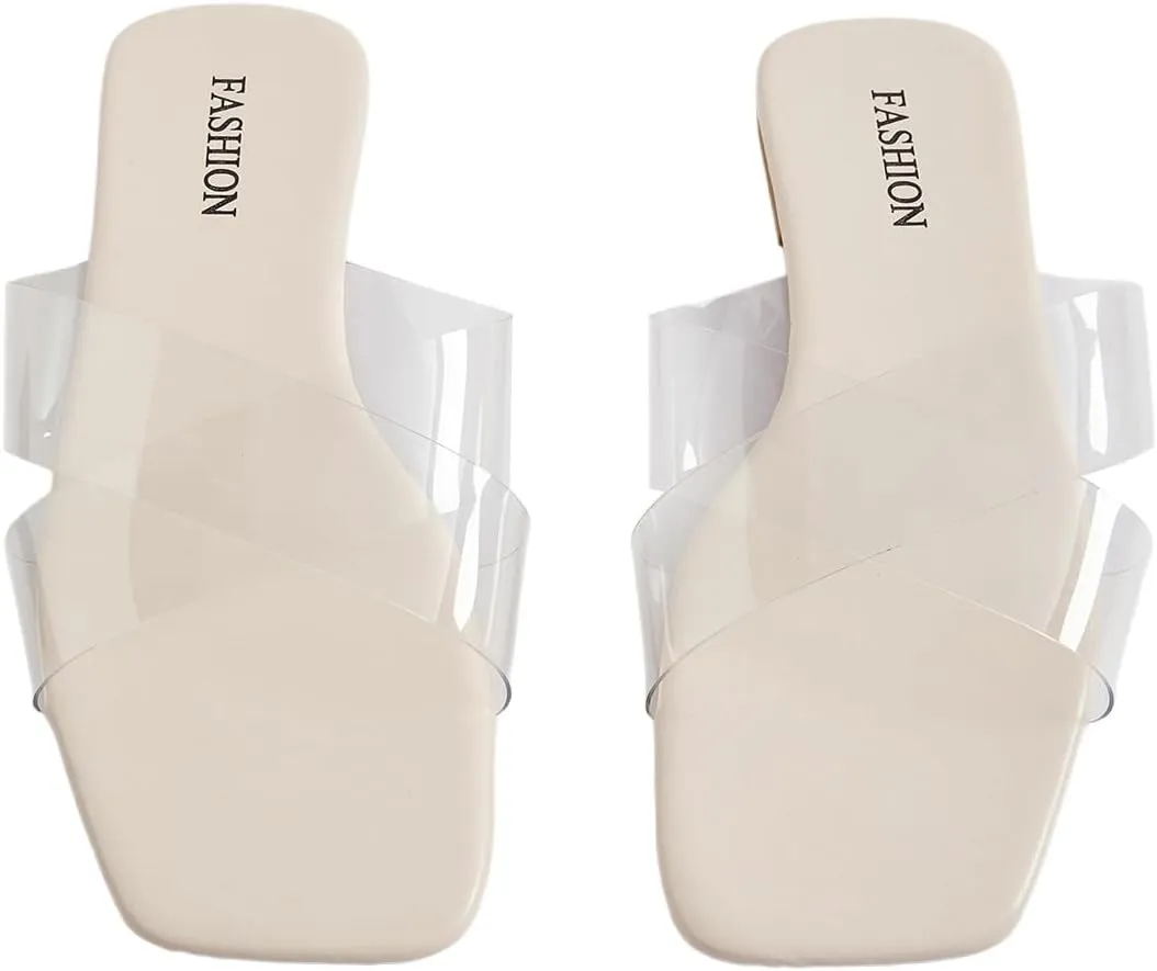 GORGLITTER Women's Clear Sandals Cross Stappy Flat Sandals Dressy Slip On Slide Shoes